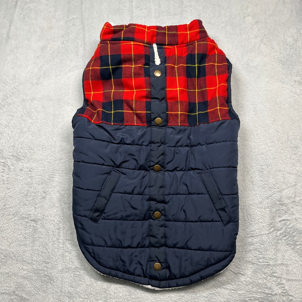 Bond & Co Dog Vest Navy Blue Red Plaid Quilted Sherpa Lined Puffer 3004171 XXL